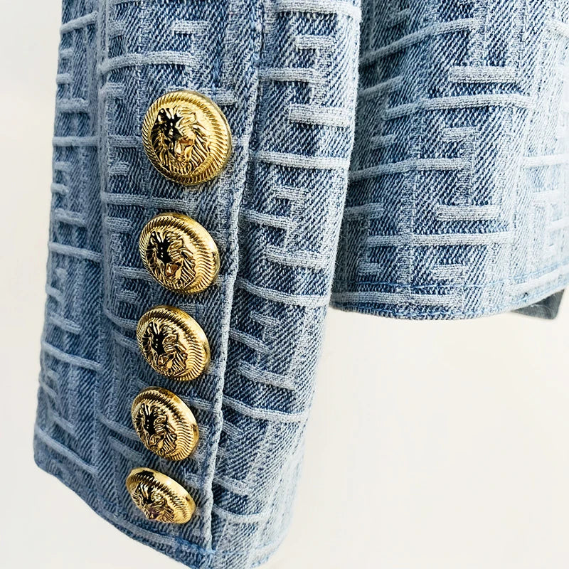 HIGH STREET Newest 2024 Designer Jacket Women's Double Breasted Lion Buttons Monogram Jacquard Denim Blazer