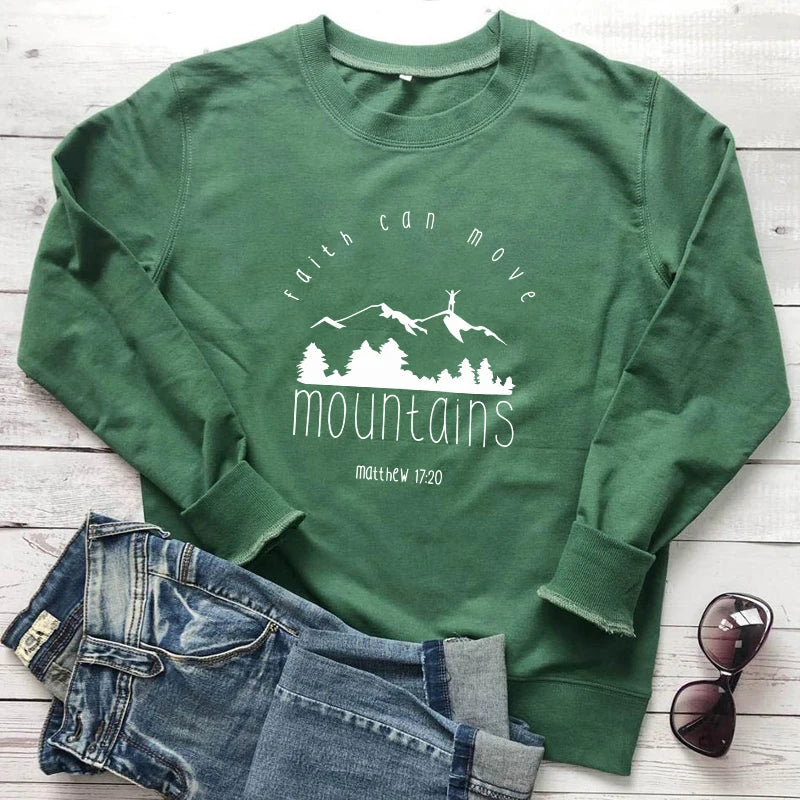 Faith Can Move Mountains Sweatshirt Hipster Faith Over Fear Christian Hoodies Pink Clothing O-Neck Long Sleeve Faith Slogan Tops