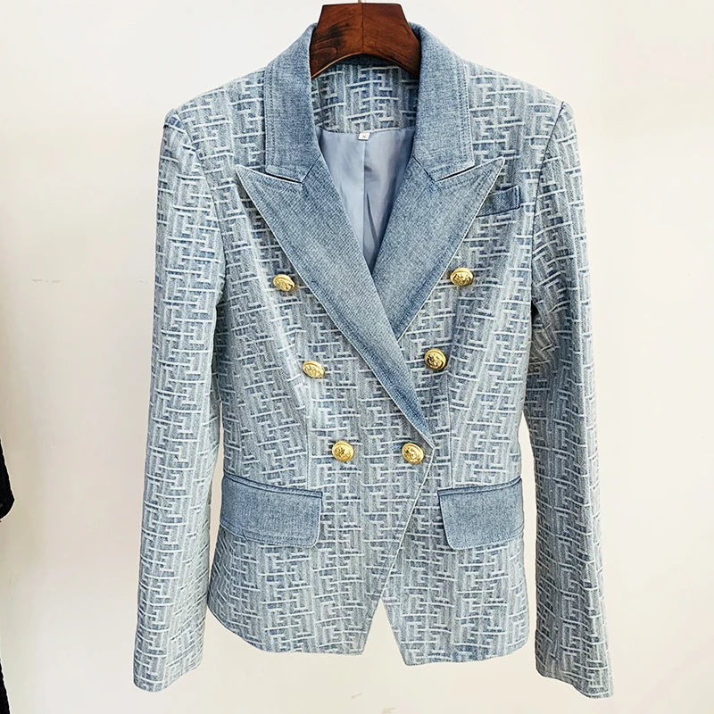 HIGH STREET Newest 2024 Designer Jacket Women's Double Breasted Lion Buttons Monogram Jacquard Denim Blazer