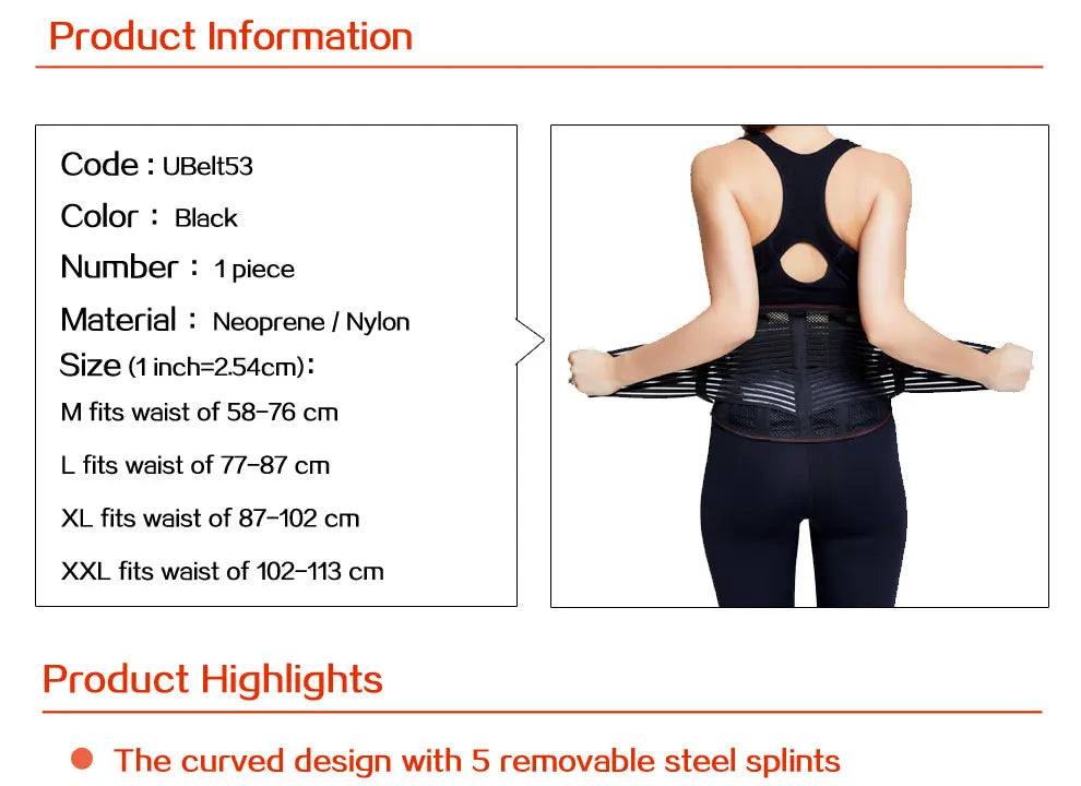 Udoarts Lumbar Brace With Removable Pads And Steel Splints