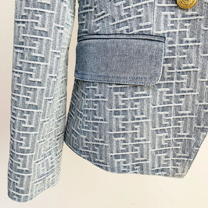 HIGH STREET Newest 2024 Designer Jacket Women's Double Breasted Lion Buttons Monogram Jacquard Denim Blazer