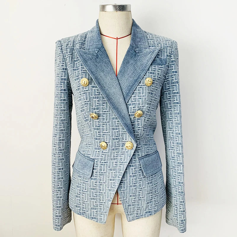 HIGH STREET Newest 2024 Designer Jacket Women's Double Breasted Lion Buttons Monogram Jacquard Denim Blazer