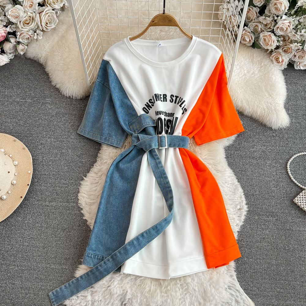 Elegant Summer Women Patchwork Denim Shirts Vintage Casual Slim Blouses Tops with Belted Female Fashion Pullover Clothes New