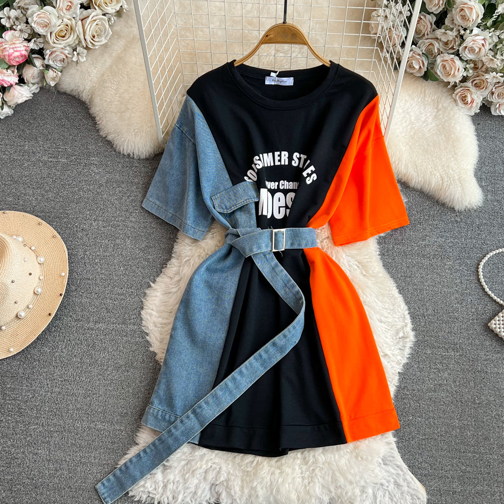 Elegant Summer Women Patchwork Denim Shirts Vintage Casual Slim Blouses Tops with Belted Female Fashion Pullover Clothes New