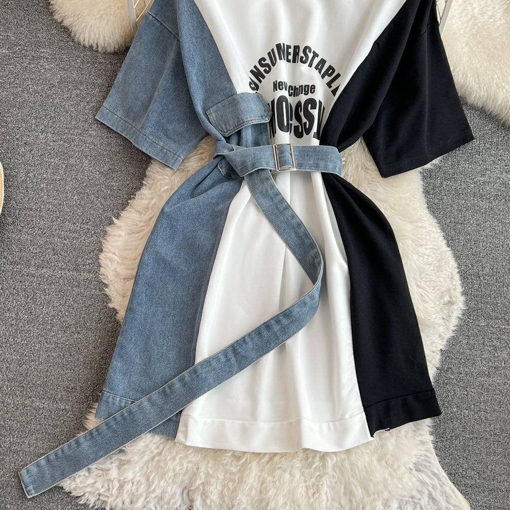 Elegant Summer Women Patchwork Denim Shirts Vintage Casual Slim Blouses Tops with Belted Female Fashion Pullover Clothes New