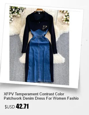 XFPV Women's Round Neck Off Shoulder Mid Length T-shirt Short Sleeve Two Piece Set High Waist Denim Skirt  Fashion Summer 2025