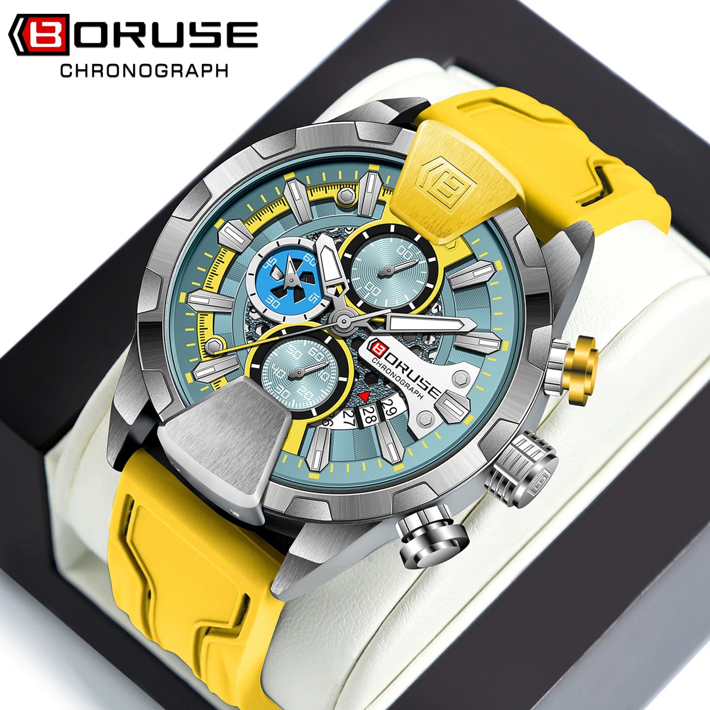 BORUSE Yellow Watches for Men Waterproof Chronograph Watch Mens Business Luminous Wristwatch Calendar Clock Relogio Masculino