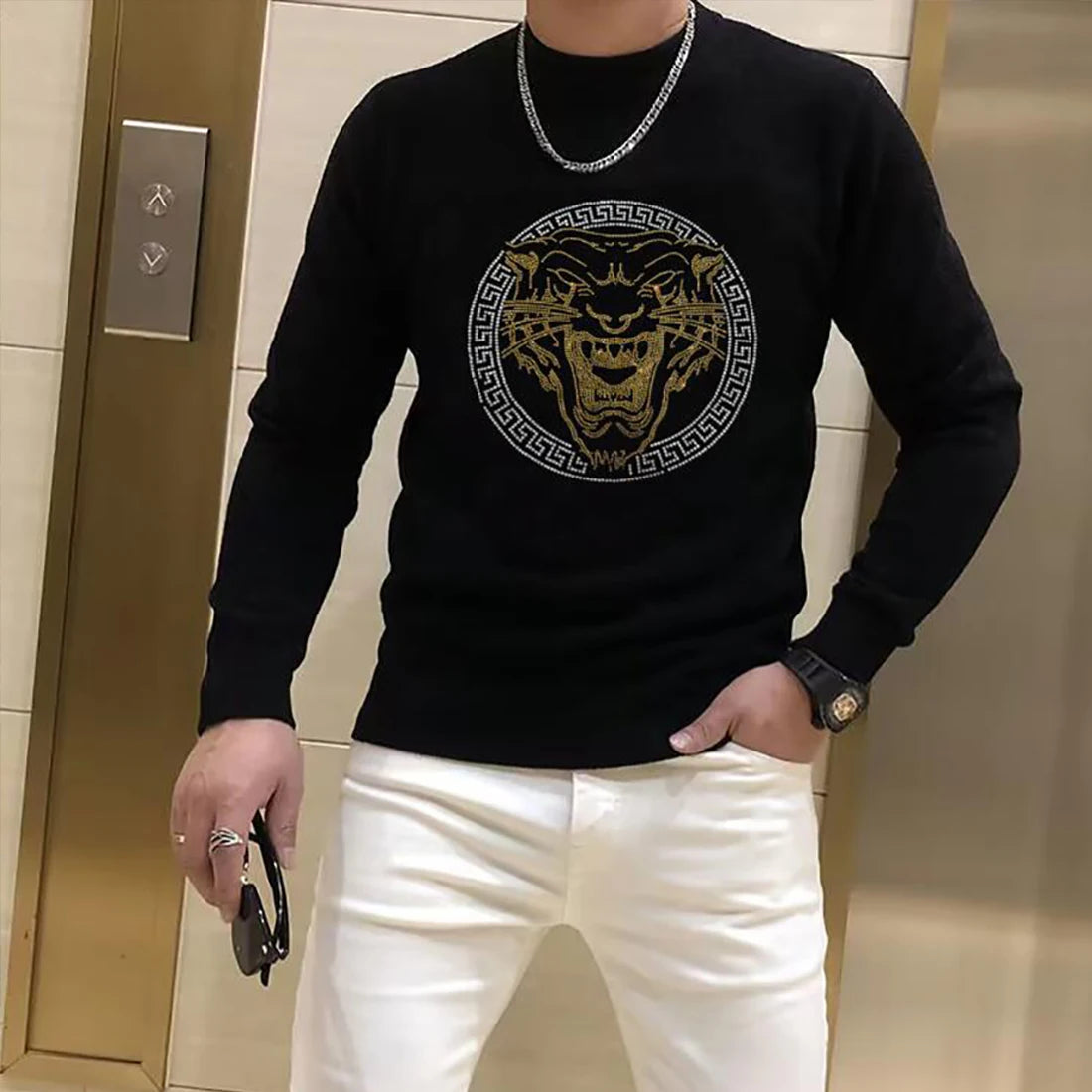 Men's Sweater Pullover  Winter New Fashion Rhinestone Printing Luxury Popular Homme Clothing Warm Streetwear Black Inner Garment