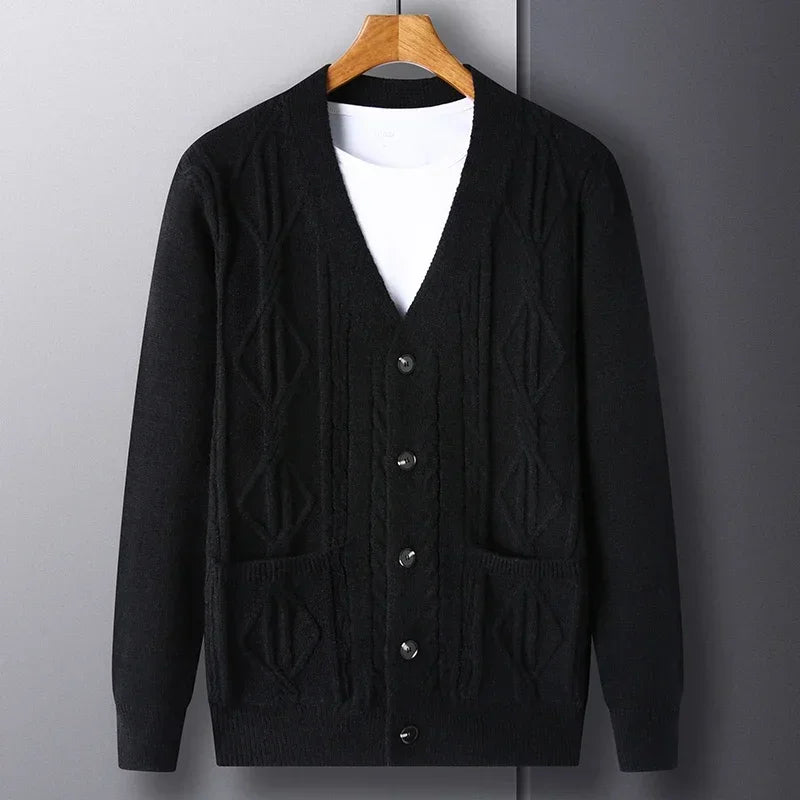 Cardigan Men's  Diamond Plaid Thick Wool Warm Fashion Long Sleeved Casual Cardigan  Knitted Sweater Men