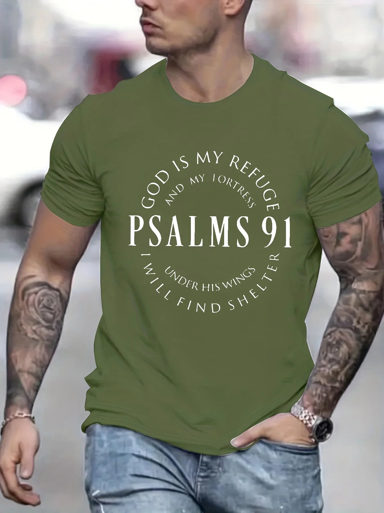 Men's 100% cotton summer loose fit Trendy Letter Psalms 91 Letter Ring Pattern print casual round neck short sleeved T-shirt