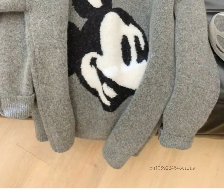 Disney Mickey Mouse Denim Collar Patchwork Sweater Women's Autumn Winter High-end Loose Knit Top Korean Version Causal Pullovers