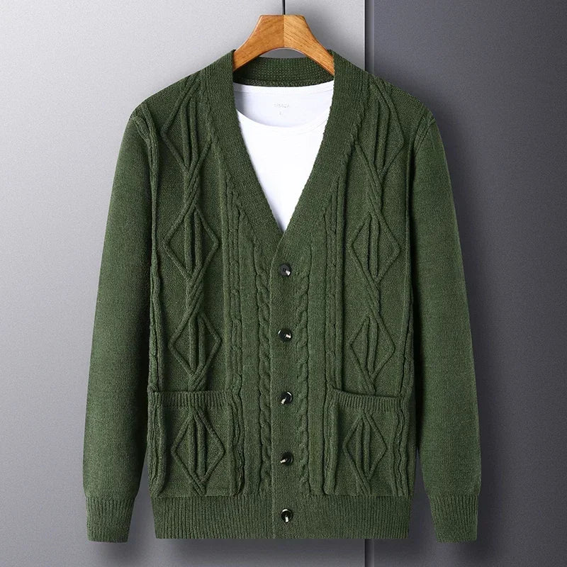 Cardigan Men's  Diamond Plaid Thick Wool Warm Fashion Long Sleeved Casual Cardigan  Knitted Sweater Men