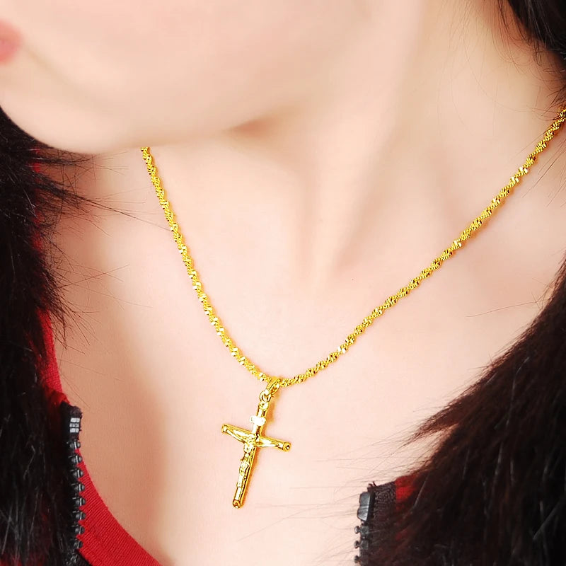 New Genuine 24K Gold Necklace Plating Gold Cross Necklace for Women & Men's Jewelry Gifts