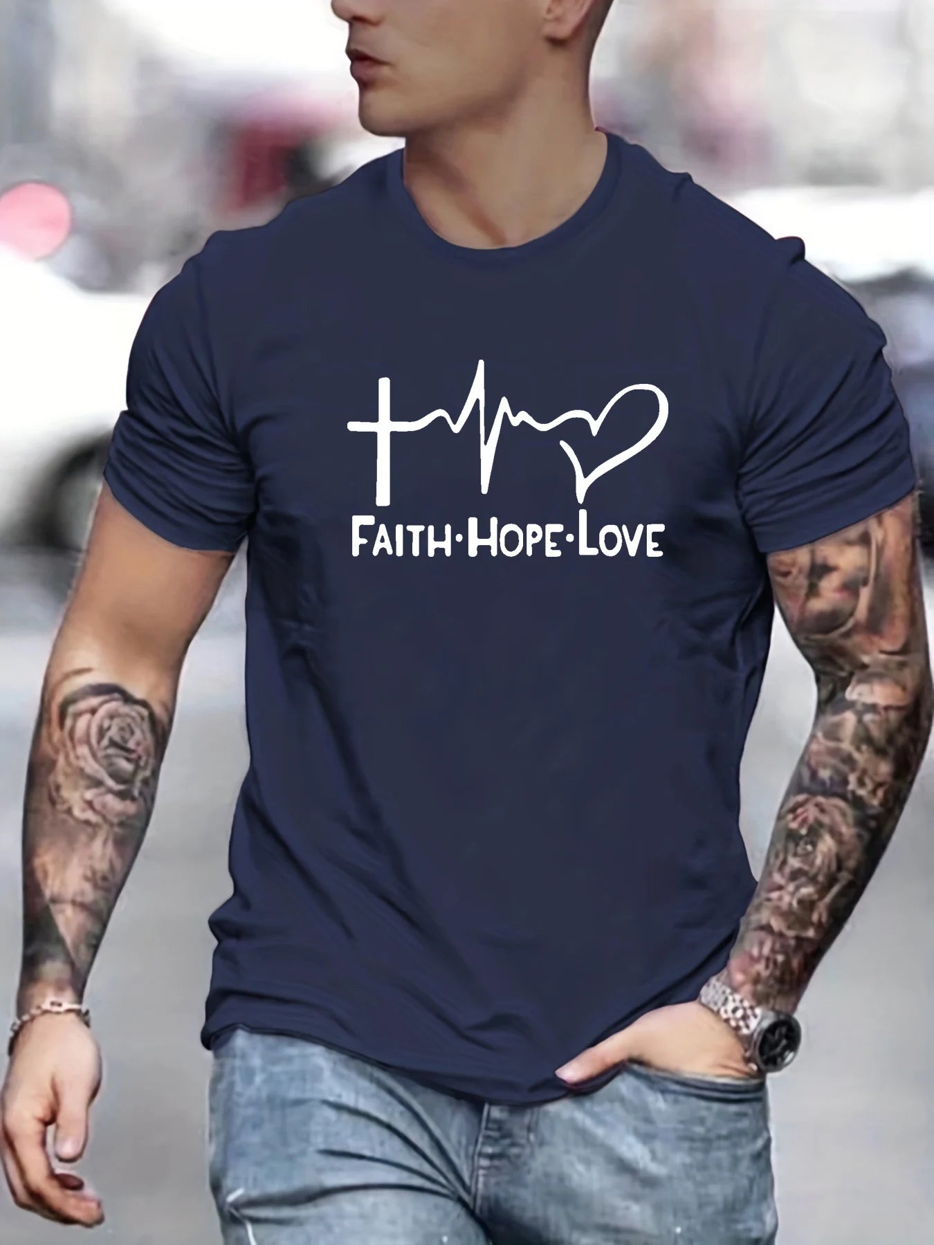 Men's 100% cotton fashionable casual sports loose fit plus size FAITH HOPE LOVE printed round neck short sleeved T-shirt top