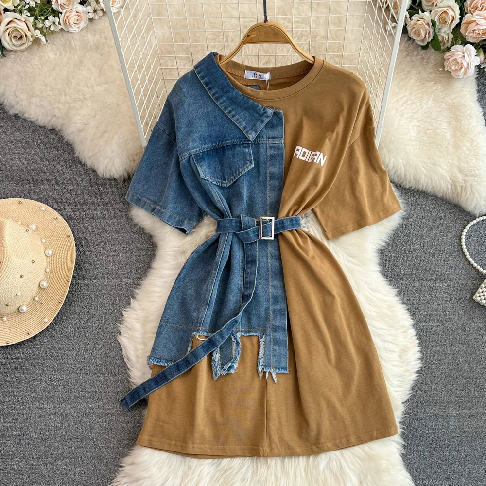 Elegant Summer Women Patchwork Denim Shirts Vintage Casual Slim Blouses Tops with Belted Female Fashion Pullover Clothes New