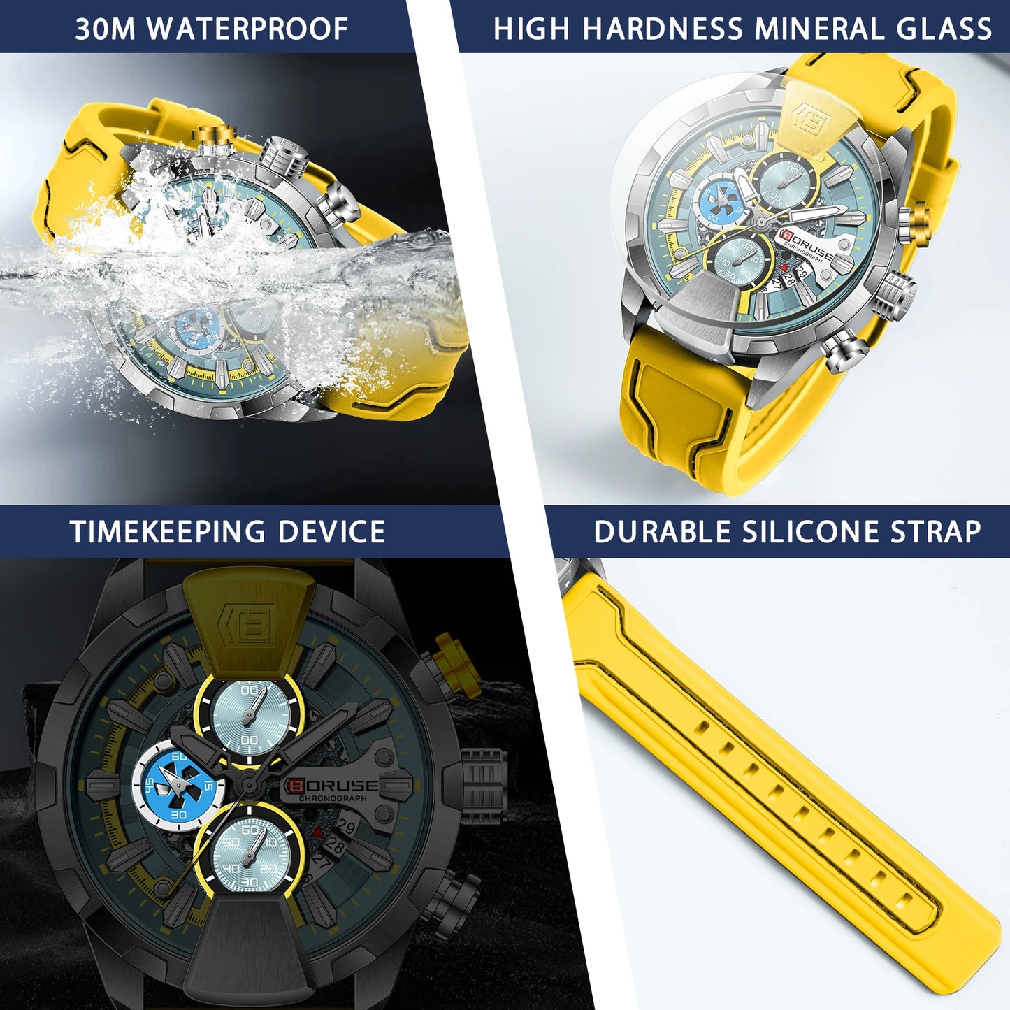 BORUSE Yellow Watches for Men Waterproof Chronograph Watch Mens Business Luminous Wristwatch Calendar Clock Relogio Masculino