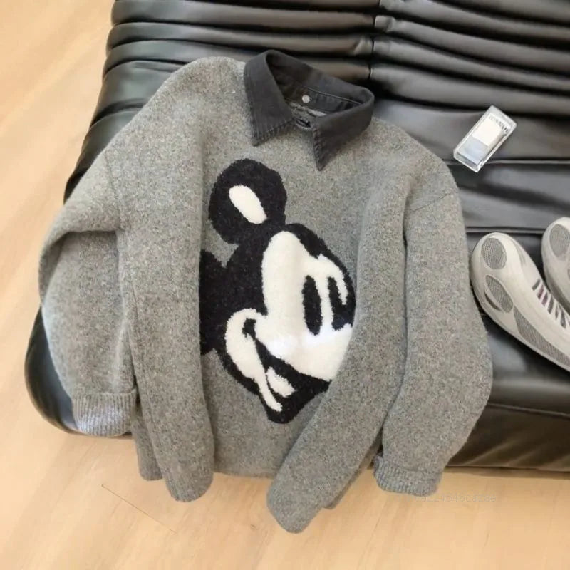 Disney Mickey Mouse Denim Collar Patchwork Sweater Women's Autumn Winter High-end Loose Knit Top Korean Version Causal Pullovers