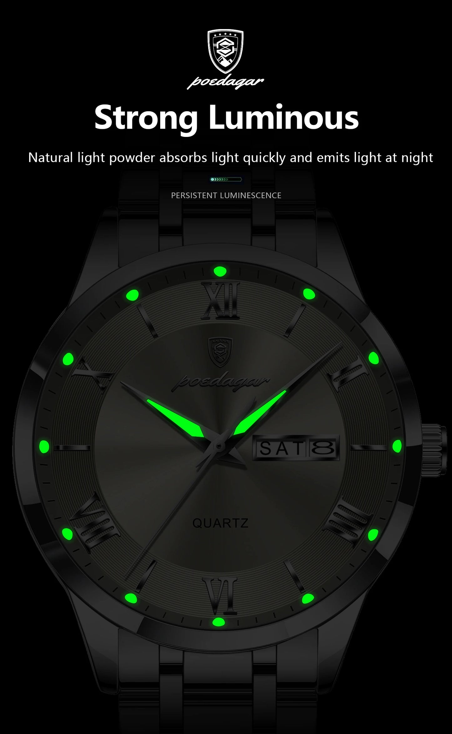 POEDAGAR Luxury Fashion Men Clock Waterproof Luminous Week Date Sports Man Wristwatch Stainless Steel Men's Quartz Watches Reloj