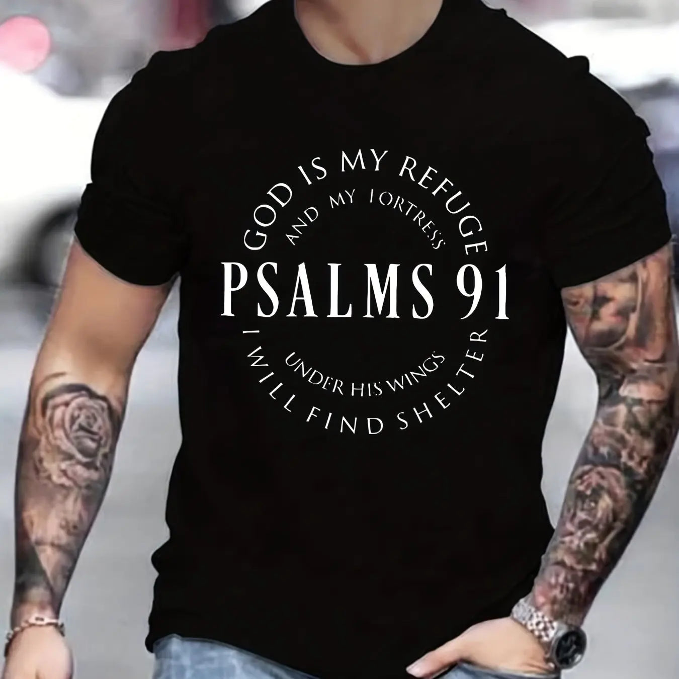 Men's 100% cotton summer loose fit Trendy Letter Psalms 91 Letter Ring Pattern print casual round neck short sleeved T-shirt