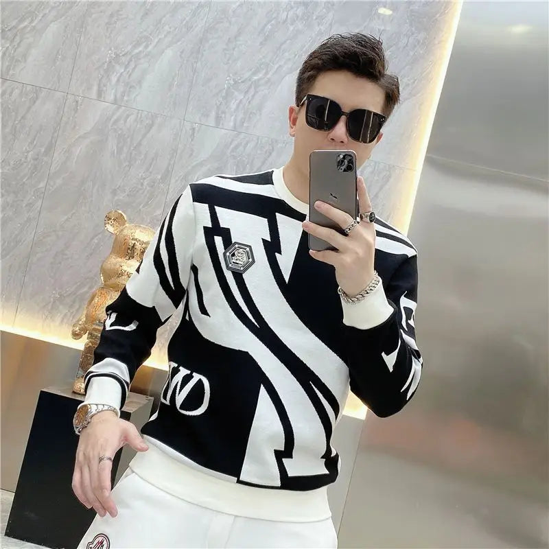 Trend Versatile Autumn New Men's O-Neck Printing Contrast Color Badge HighStreet Fashion Casual Long Sleeve Sweatshirts Tops