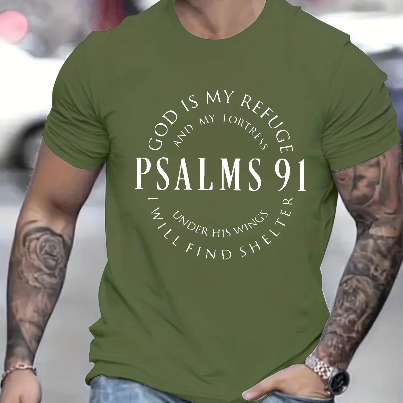 Men's 100% cotton summer loose fit Trendy Letter Psalms 91 Letter Ring Pattern print casual round neck short sleeved T-shirt