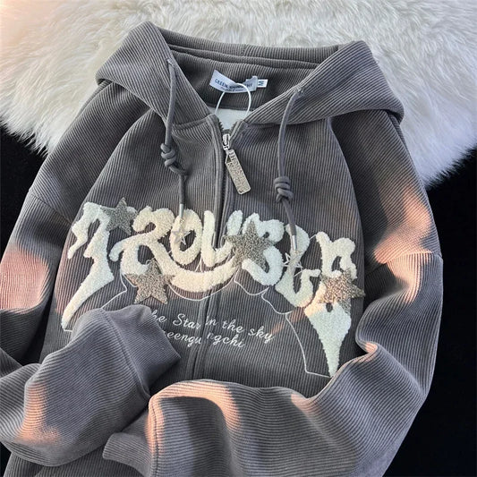 Autumn Men's Goth Corduroy Zip Up Hoodies Hip Hop Fashion Foam Print Jacket Women's Y2K Vintage Streetwear Hoody Sweatshirts