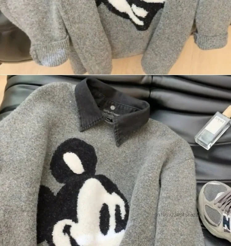 Disney Mickey Mouse Denim Collar Patchwork Sweater Women's Autumn Winter High-end Loose Knit Top Korean Version Causal Pullovers