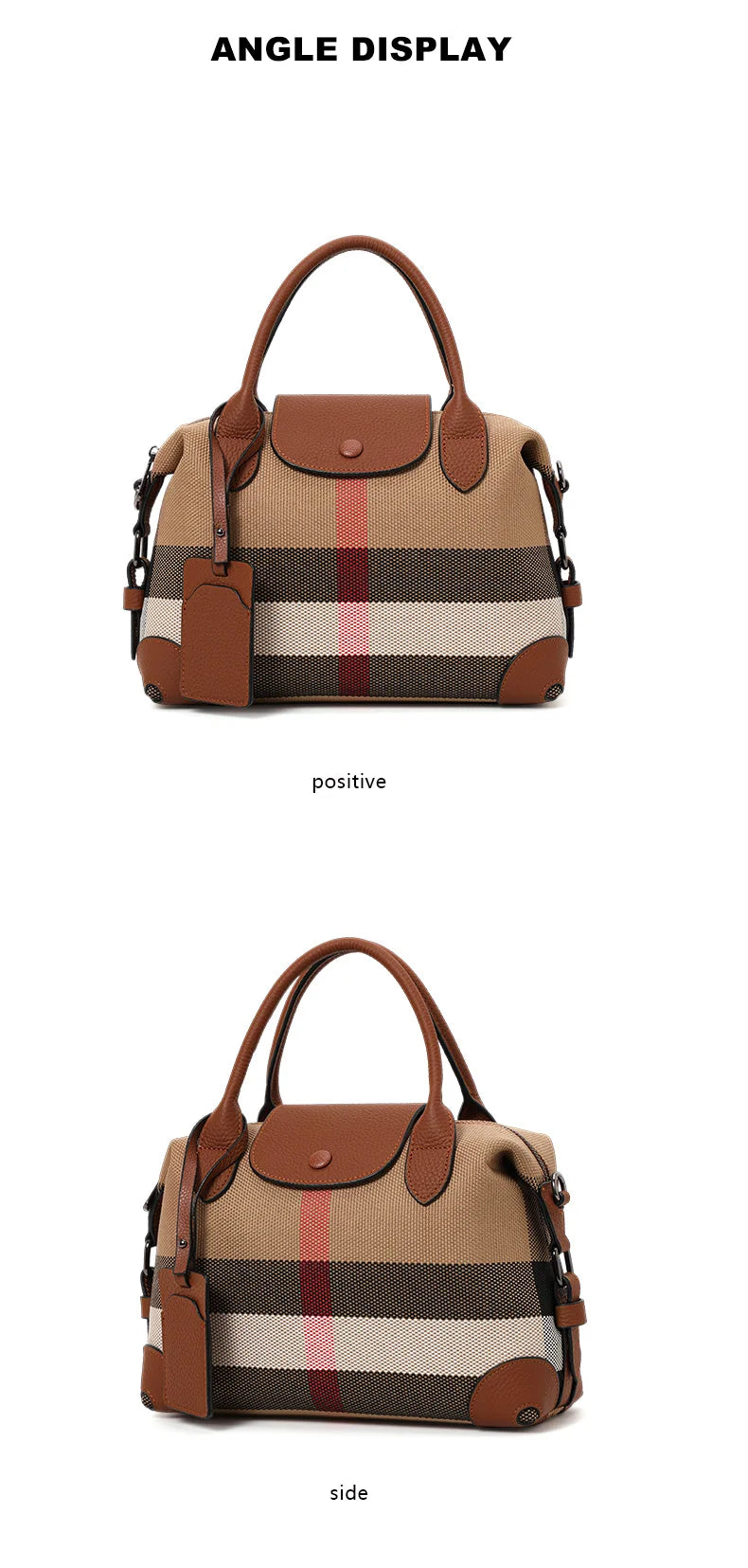 Aidran Exquisite women's bag, Boston bag with canvas and leather stitchingRetro plaid handbag for daily commute novelty of 2024