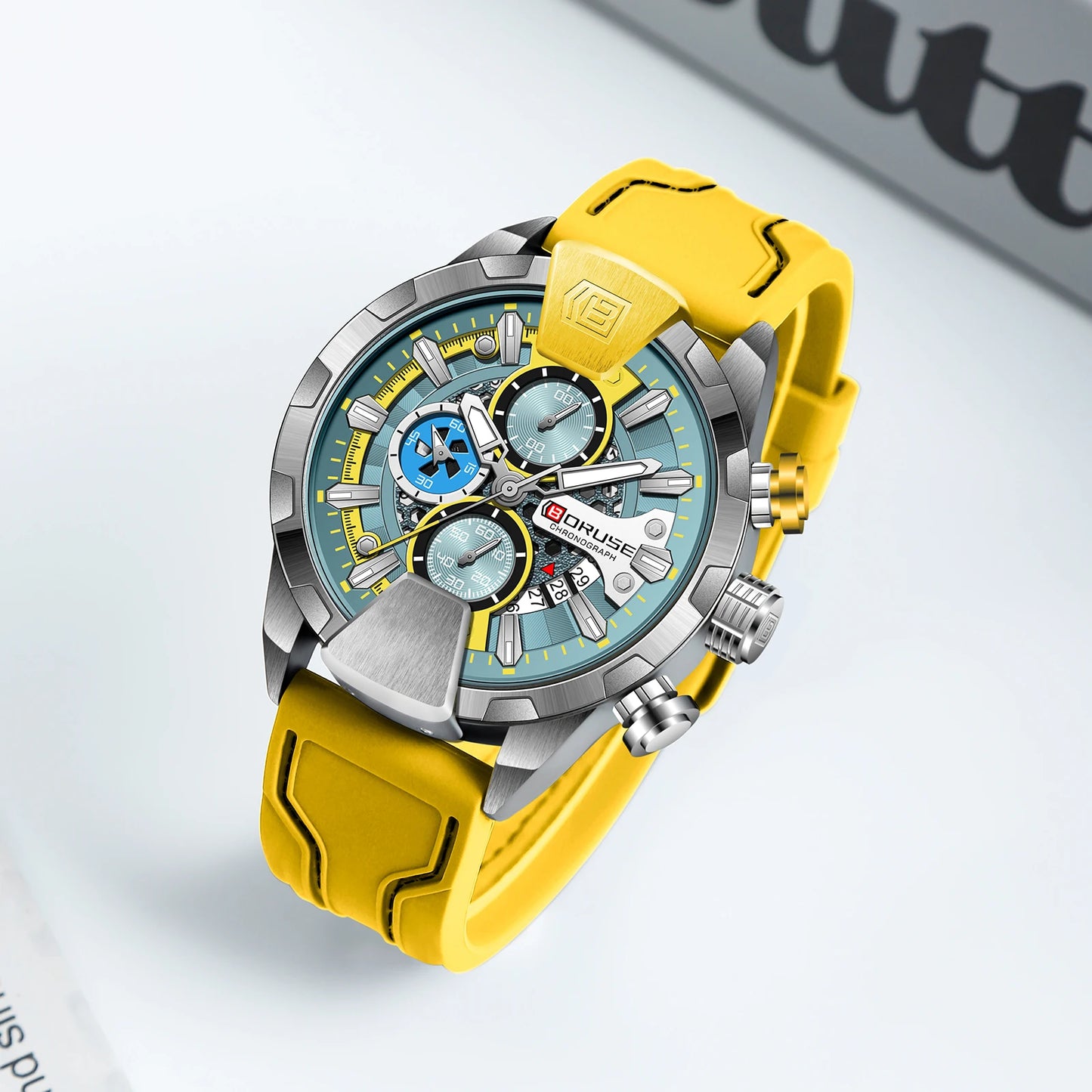 BORUSE Yellow Watches for Men Waterproof Chronograph Watch Mens Business Luminous Wristwatch Calendar Clock Relogio Masculino