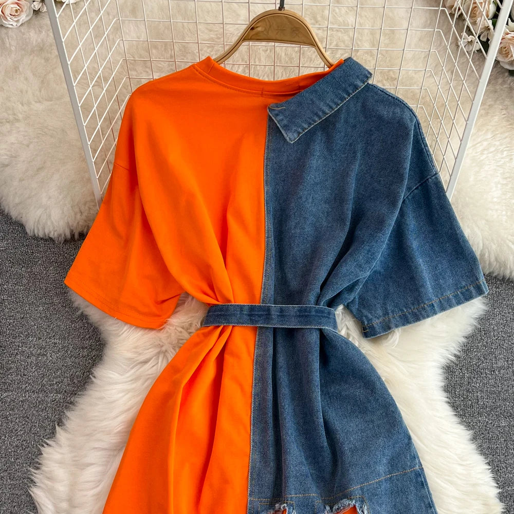 Elegant Summer Women Patchwork Denim Shirts Vintage Casual Slim Blouses Tops with Belted Female Fashion Pullover Clothes New