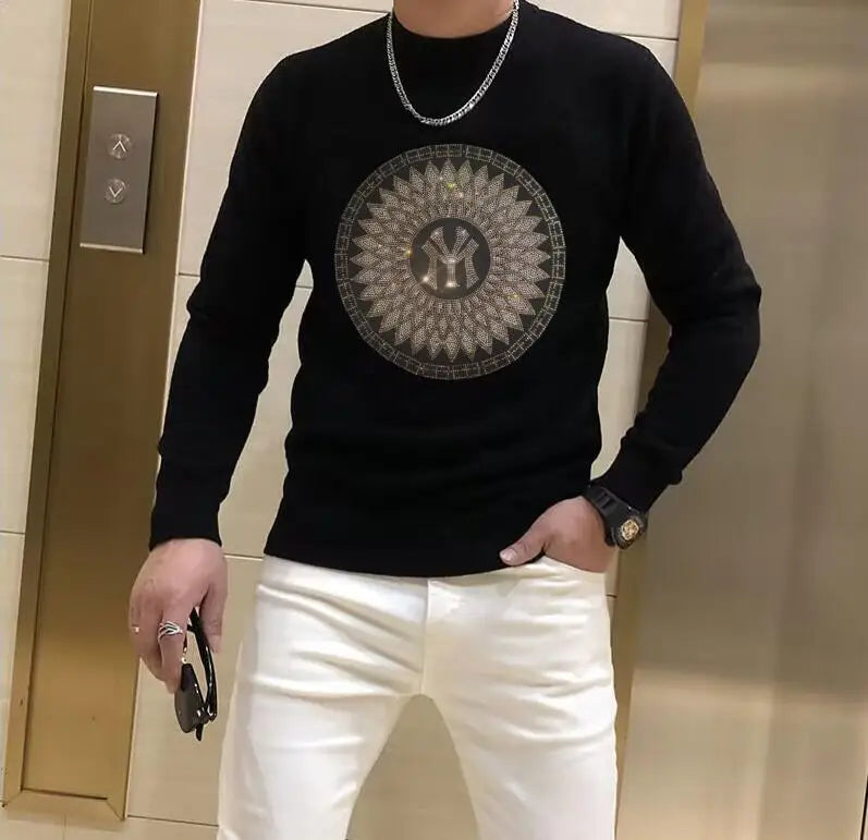 Men's Sweater Pullover  Winter New Fashion Rhinestone Printing Luxury Popular Homme Clothing Warm Streetwear Black Inner Garment