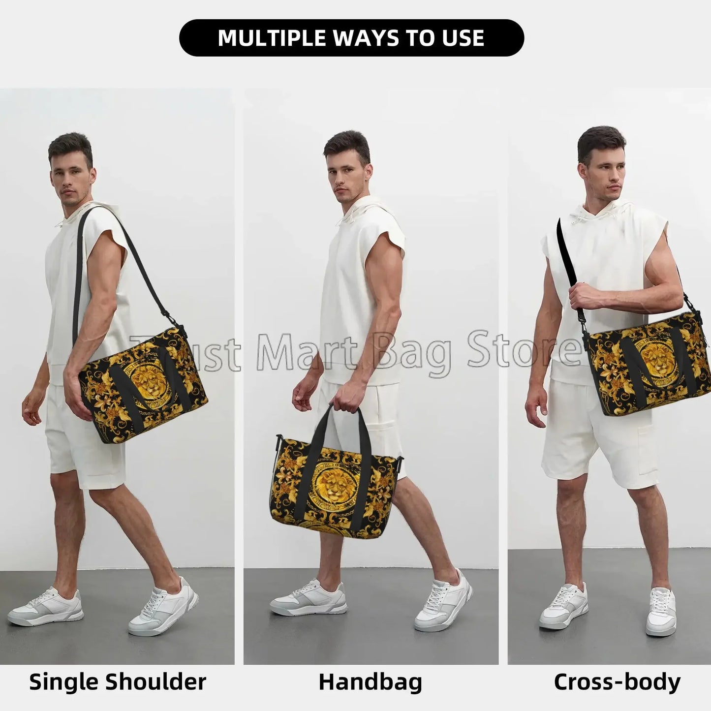 Golden Lion Baroque Pattern Travel Duffel Bag Personalized Weekender Bags with Shoulder Strap Unisex Sports Gym Overnight Bag