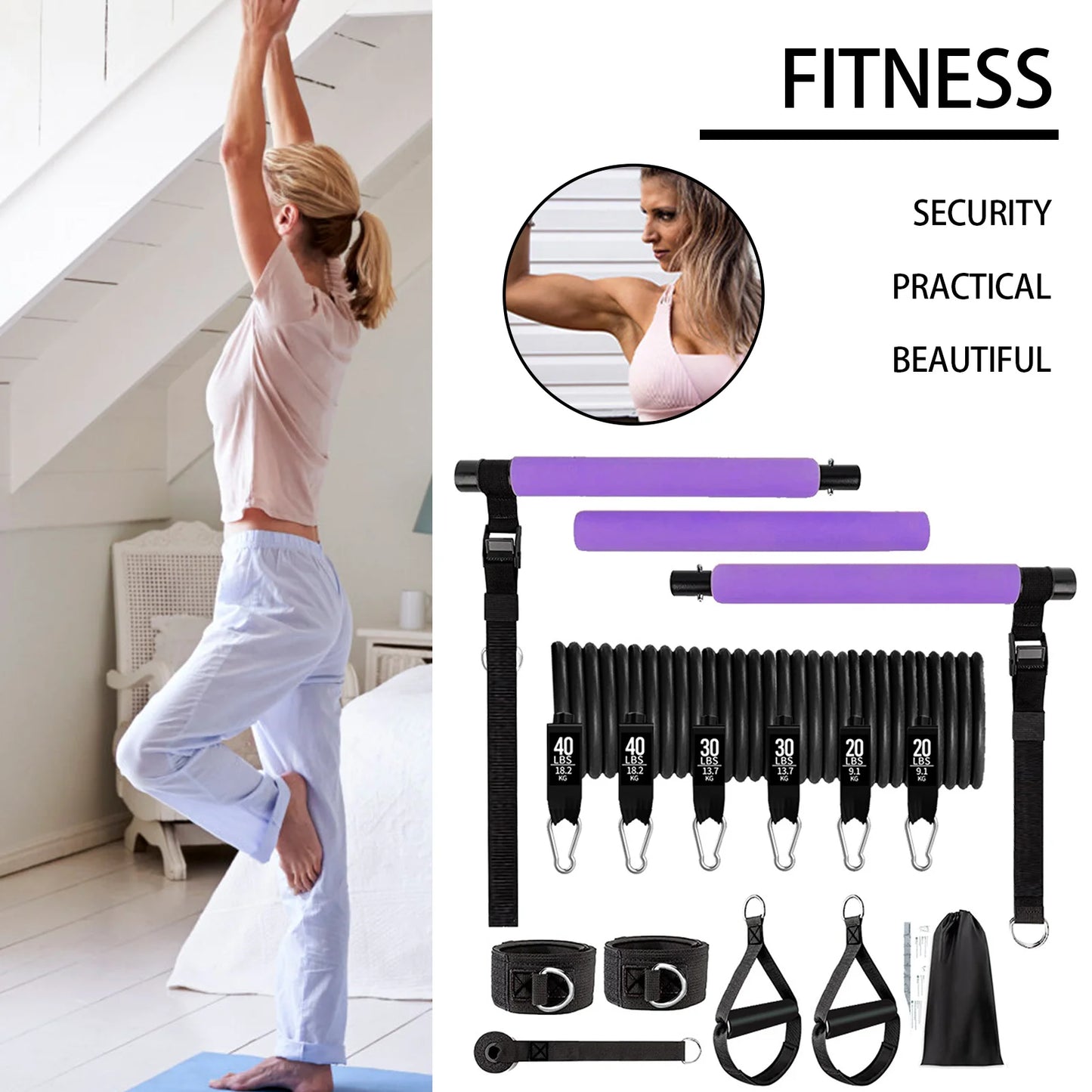 11pcs Portable Pilates Bar Exercise Kit Home Gym Pilates Resistance Bar Kit for Home Workouts for All Fitness Levels MIAO