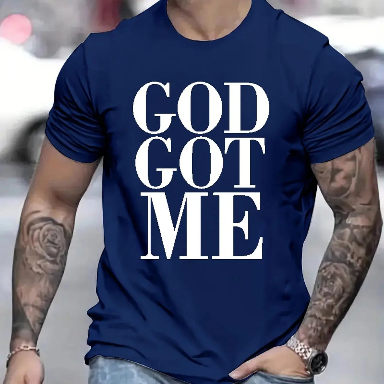 Men's Summer Loose Size 100% Cotton God Got Me Pattern Printed Slim Fit Casual Round Neck Short Sleeve T-shirt Top