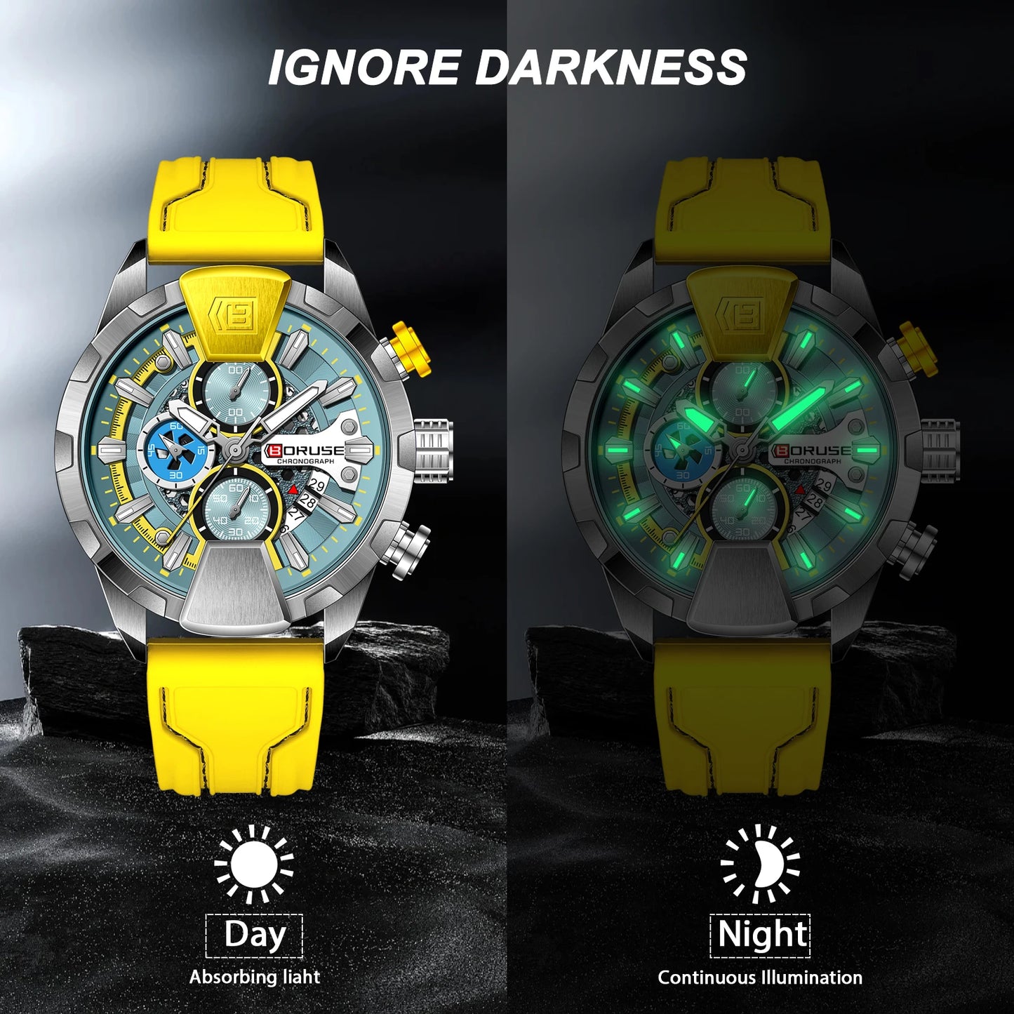 BORUSE Yellow Watches for Men Waterproof Chronograph Watch Mens Business Luminous Wristwatch Calendar Clock Relogio Masculino