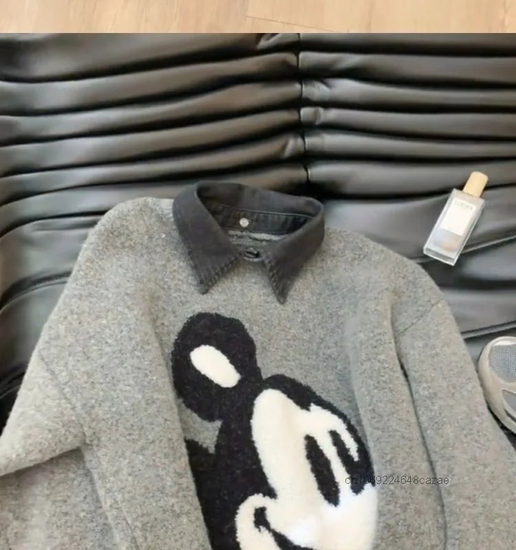 Disney Mickey Mouse Denim Collar Patchwork Sweater Women's Autumn Winter High-end Loose Knit Top Korean Version Causal Pullovers