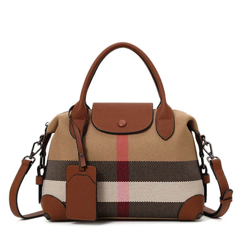 Aidran Exquisite women's bag, Boston bag with canvas and leather stitchingRetro plaid handbag for daily commute novelty of 2024