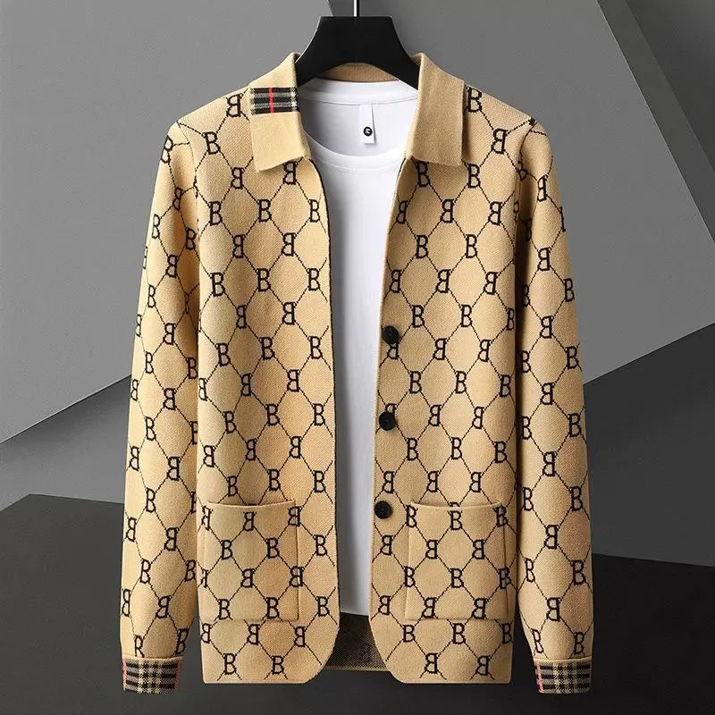 Spring Autumn New Men Luxury Cardigans Sweaters Lapel Printing Knitted All-match Chic Long Sleeve Business Casual Fashion Coats