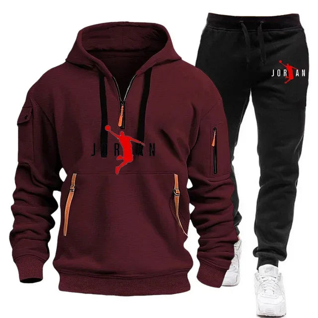 2025 new men's autumn and winter trend sports hoodie + sweatpants Fashion casual jogging hooded printed pattern sportswear 2 set