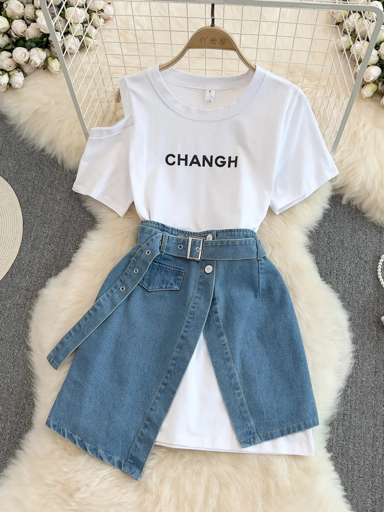 XFPV Women's Round Neck Off Shoulder Mid Length T-shirt Short Sleeve Two Piece Set High Waist Denim Skirt  Fashion Summer 2025