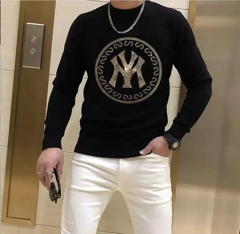 Men's Sweater Pullover  Winter New Fashion Rhinestone Printing Luxury Popular Homme Clothing Warm Streetwear Black Inner Garment