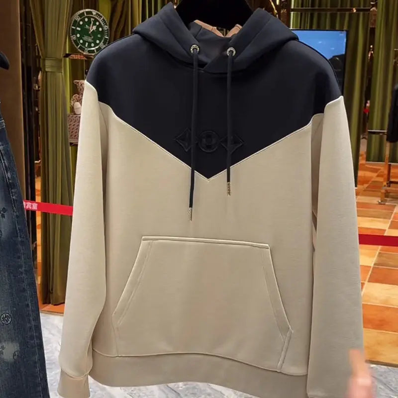 Men's trendy sweater slim couple trendy brand versatile hooded long-sleeved splicing sweater ruffian handsome