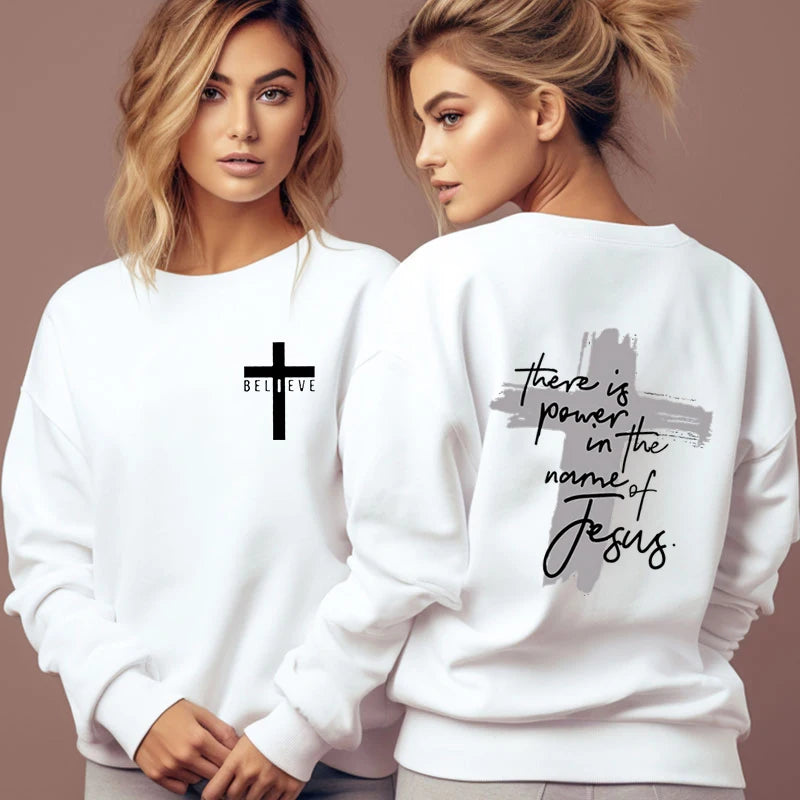 Women Christian Faith Sweatshirt There Is Power in The Name of Jesus Graphic Letter Hoodie Female Cross Faiths Hoodless Pullover