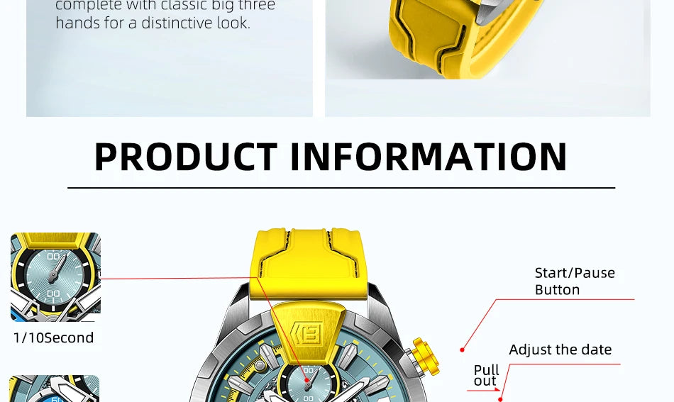 BORUSE Yellow Watches for Men Waterproof Chronograph Watch Mens Business Luminous Wristwatch Calendar Clock Relogio Masculino