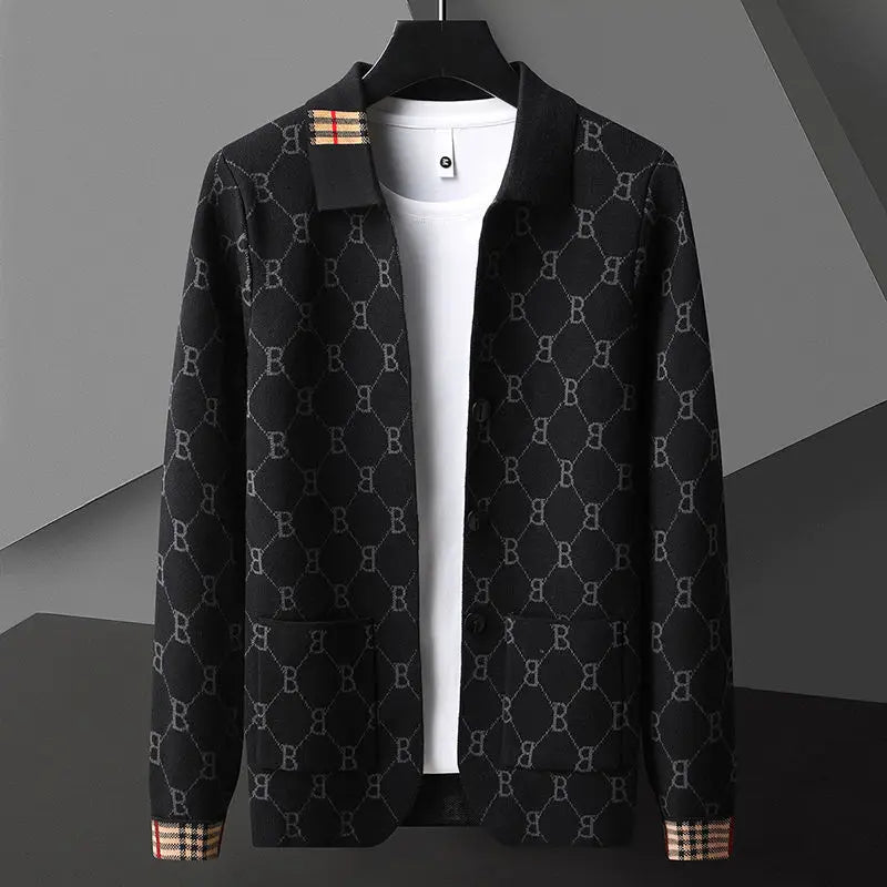 Spring Autumn New Men Luxury Cardigans Sweaters Lapel Printing Knitted All-match Chic Long Sleeve Business Casual Fashion Coats