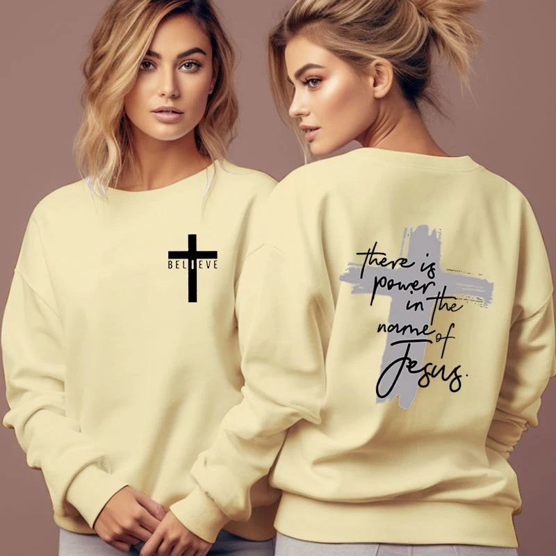 Women Christian Faith Sweatshirt There Is Power in The Name of Jesus Graphic Letter Hoodie Female Cross Faiths Hoodless Pullover