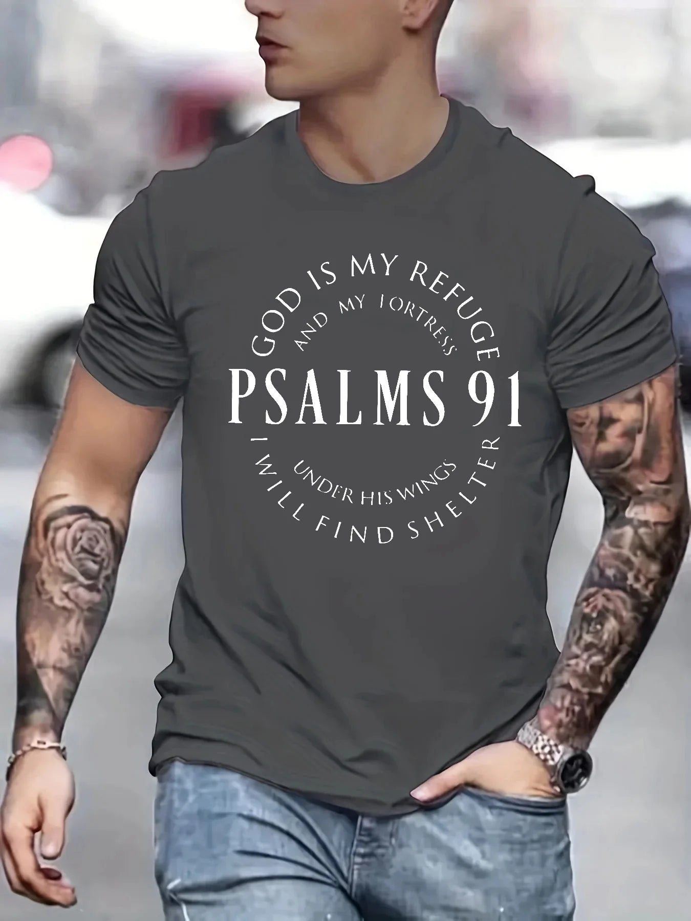 Men's 100% cotton summer loose fit Trendy Letter Psalms 91 Letter Ring Pattern print casual round neck short sleeved T-shirt