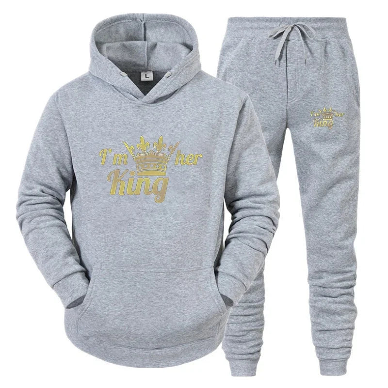 2025 Sports fashion long-sleeved King and Queen printed hoodie set Autumn and winter couple hoodie pants two-piece set