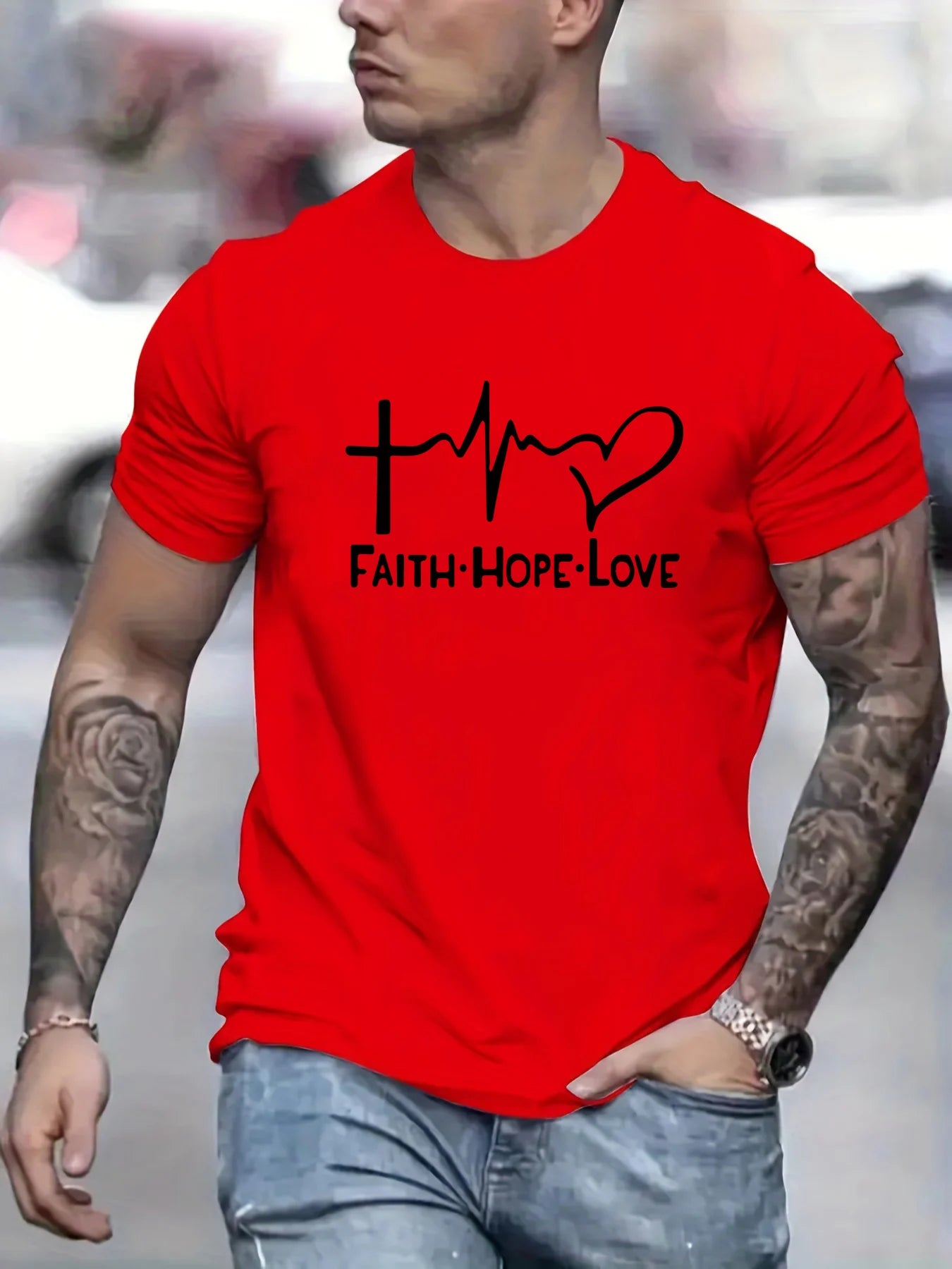 Men's 100% cotton fashionable casual sports loose fit plus size FAITH HOPE LOVE printed round neck short sleeved T-shirt top