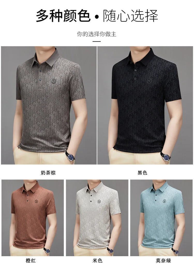 Summer New High-end Silk Short Sleeved Polo Shirt for Men's Luxurious Embossed Casual Fashion Comfortable Breathable Cool Top